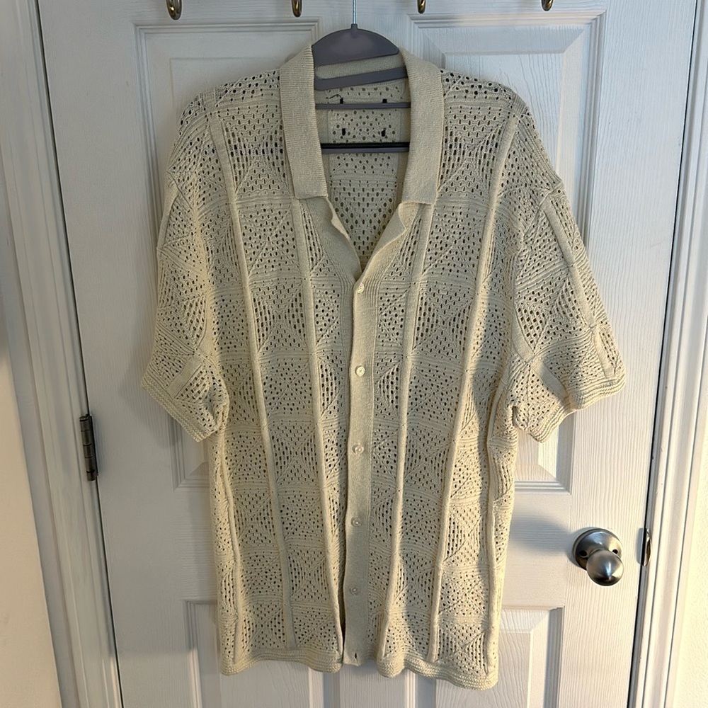 Crochet Camp Collar Short Sleeve Shirt XL Abercrombie & Fitch